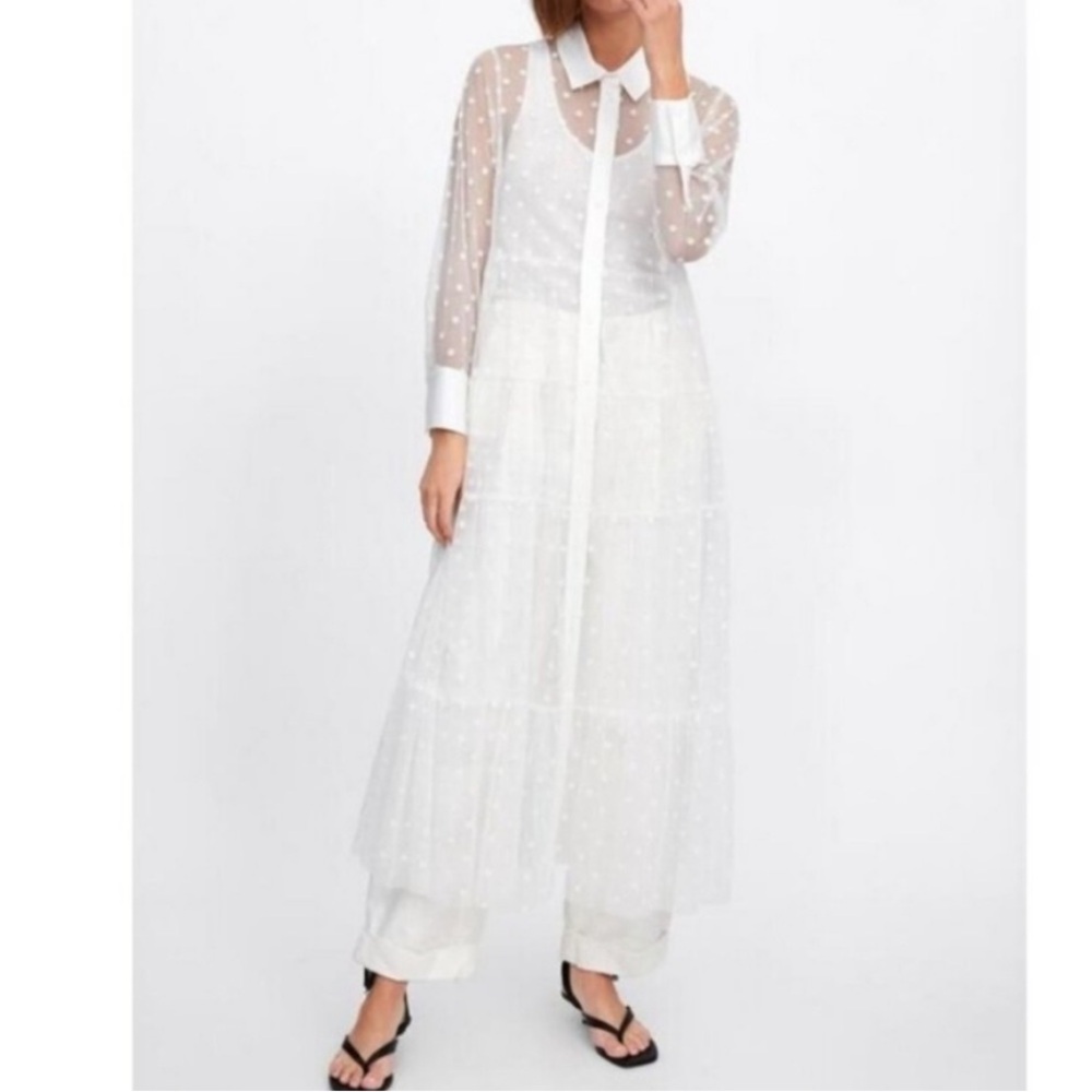 ZARA WHITE SWISS POLKA DOT SHEER SHIRT DRESS ✨️SIZE XS✨️
